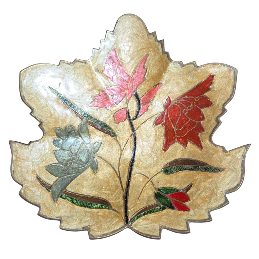 Vintage India‎ Made Floral Enamel On Brass Leaf Shaped Bowl Dish 8.5